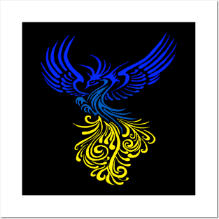 Blue Yellow Artistic Phoenix Illustration Posters and Art